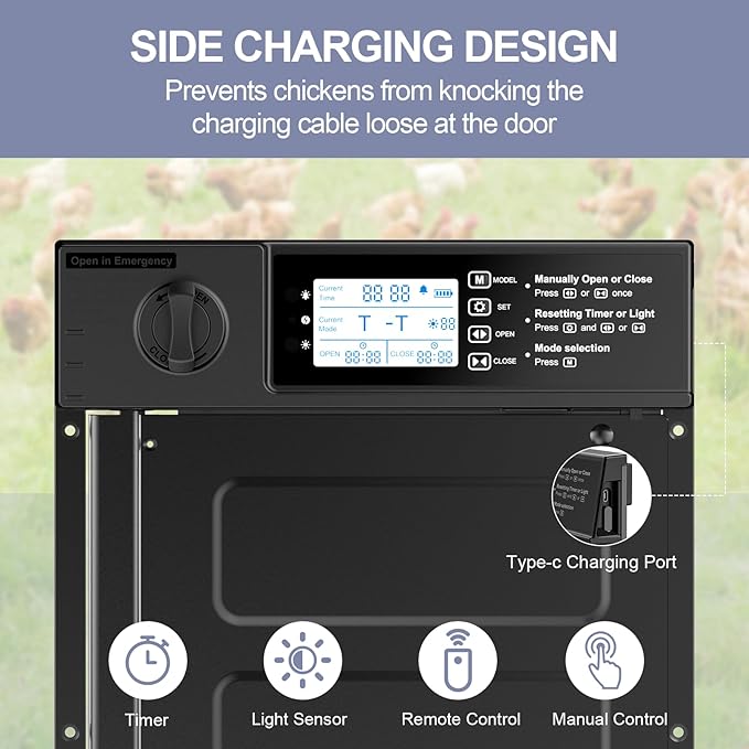 Large Size Automatic Chicken Coop Door Solar Powered, 4000MAh Internal Battery Automatic Coop Door Anti-hit Side Charging Port, Automatic Chicken Door with Timer & Light Sensor 4Modes & Remote Control