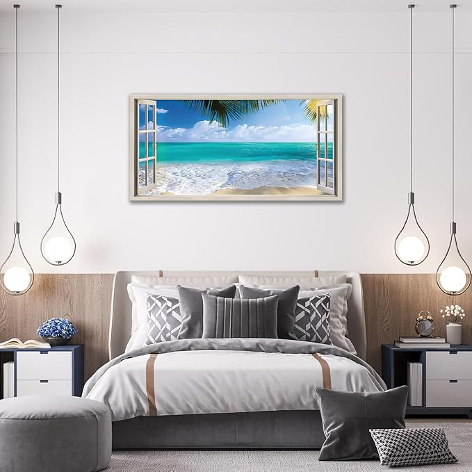 Beach Window Wall Art Ocean Palm Pictures Wall Decor Coastal Large Canvas Prints Paintings Home Office Decorations Framed Artwork for Living Room 60"x30"