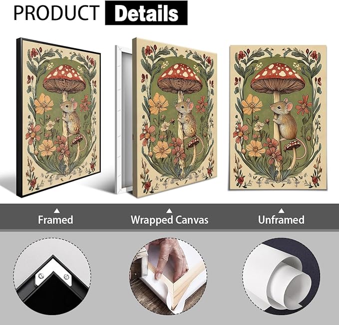 Nursery Animal Canvas Wall Art, Mouse and Toadstool Poster, Rustic Mushroom Mouse Painting, Cozy Folk Art Prints, Countryside Botanical Floral Painting for Kids Room 12x16in Unframed