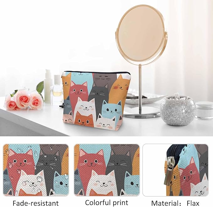 Women Cosmetic Bag Cat Cute, Colorful Cats Funny Kitten Cute Makeup Bag For Purse Cosmetic Travel Bag For Toiletries Makeup Storage Bag Flax Skincare Bag Make Up Pouch Bags