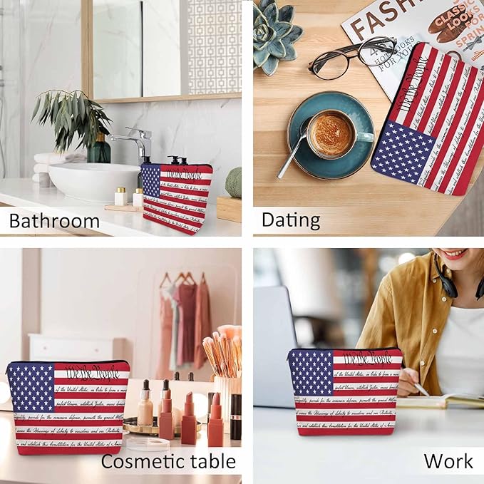 Women Cosmetic Bag American Flag, We The People American Flag USA Flag Cute Makeup Bag For Purse Cosmetic Travel Bag For Toiletries Makeup Storage Bag Flax Skincare Bag Make Up Pouch Bags