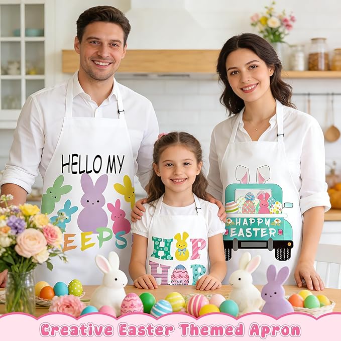 Easter Aprons Set of 4, Colorful Bunny & Easter Eggs Design - Kitchen Aprons for Adults & Kids, Easter Decorations for Home Indoor, Egg Collecting Apron, Bunny Gift & Festive Table Decor