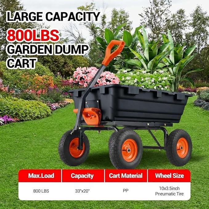 Garden Dump Cart 900 LB Heavy Duty,10" Pneumatic Tires & 180° Adjustable Handle with Quick Release, Utility Yard Wagon for Farm and Outdoor Use