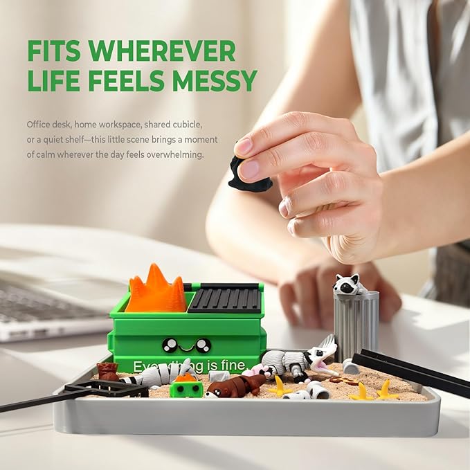 Dumpster Fire Zen Garden for Desk, Funny Mini Desktop Zen Sand Garden Kit, Funny Office Desk Accessory Stress Relief Gifts for Coworkers, Bosses, Friends, Birthday