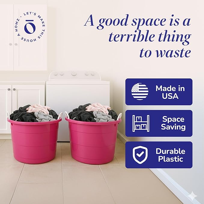 HOMZ 2-Pack Utility Tub, Large Plastic Storage Bucket with Rope Handles, 18 Gallon, Pink - Portable Indoor and Outdoor Buckets for Kitchen, Laundry, Garden, Bathroom, and Garage Organization