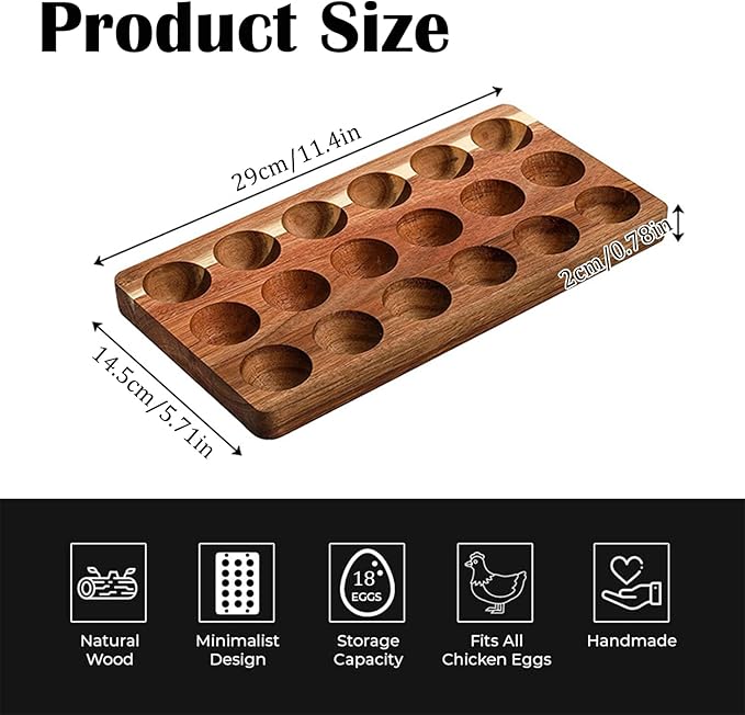 Acacia Wood Egg Holder for 18 Eggs, Rustic Countertop and Refrigerator Storage Tray, Farmhouse Kitchen Organizer with 1.5" Holes, Easy Clean Deviled Plates for Easter Decor,11.5" x 5.75" (1)