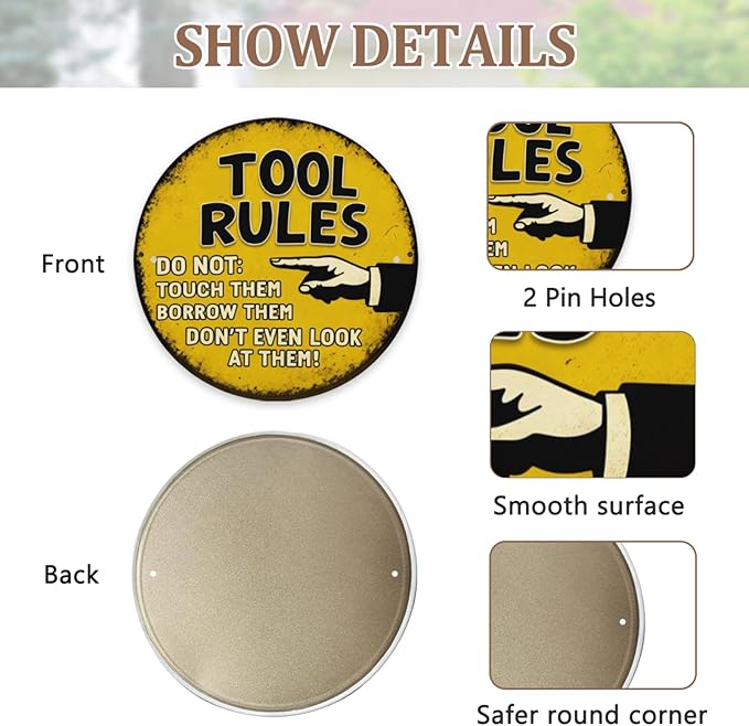 Vintage Metal Signage, 8 x 8 inches, Funny Tool Rules Round Metal Sign Don't Garage Decor for Man Cave Room Wall Decorative Home Tin Sign