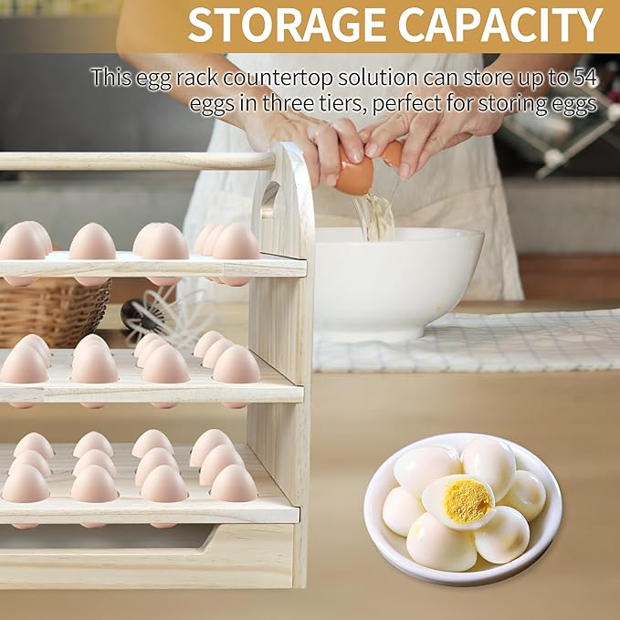 Wooden Egg Holder Countertop with Handle 3-tire Wooden Egg Tray Holds 54 Eggs Detachable Egg Storage Rack for Kitchen Farmhouse Decor
