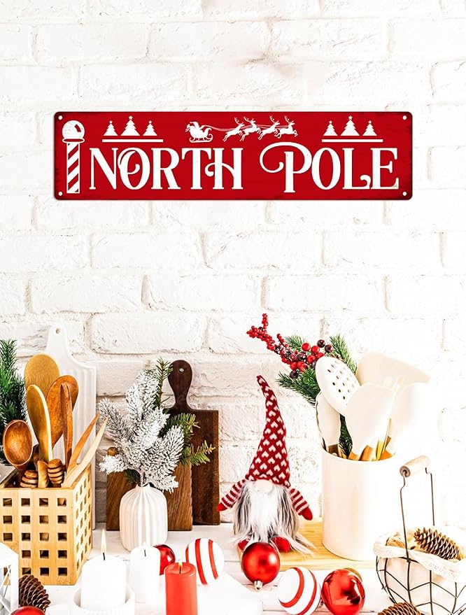 North Pole Metal Tin Sign Street Metal Tin Sign Christmas Plaque Sign Vintage Wall Decoration Home Bar Kitchen Cafe Bar Farmhouse Wall Art Sign 4x16 Inch