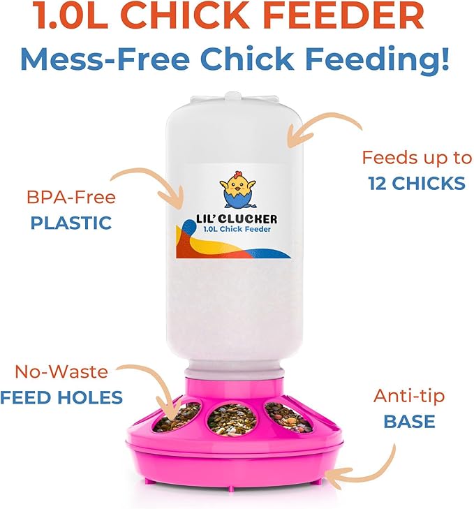 Lil'Clucker 1L Chick Feeder, 1.5L Chicken Waterer - No Leakage Chick Feeder and Waterer Kit, Durable Chicken Water Feeder, Chicken Feeder and Waterer Set, Poultry Waterer (Pink)