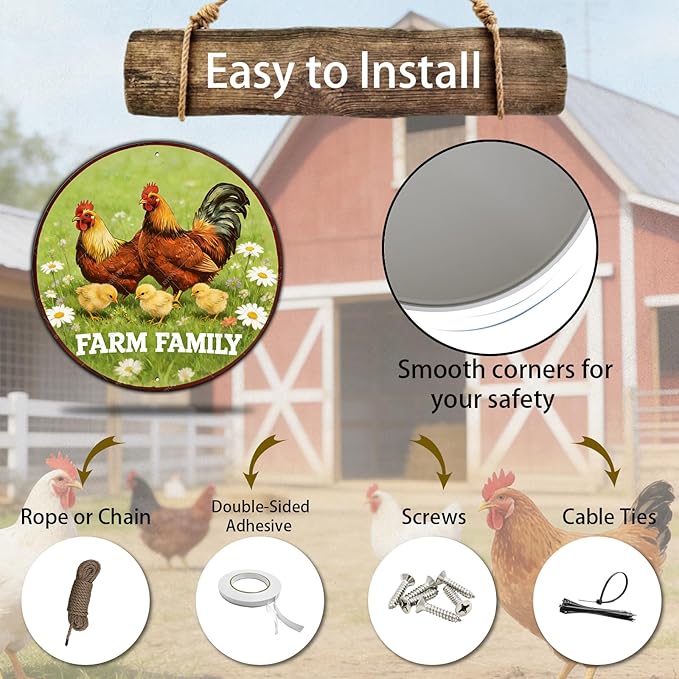 Round Vintage Chicken Metal Sign Farm Family Chicken Coop Sign Home Kitchen Coffee Wall Decor Art Poster 8 Inch