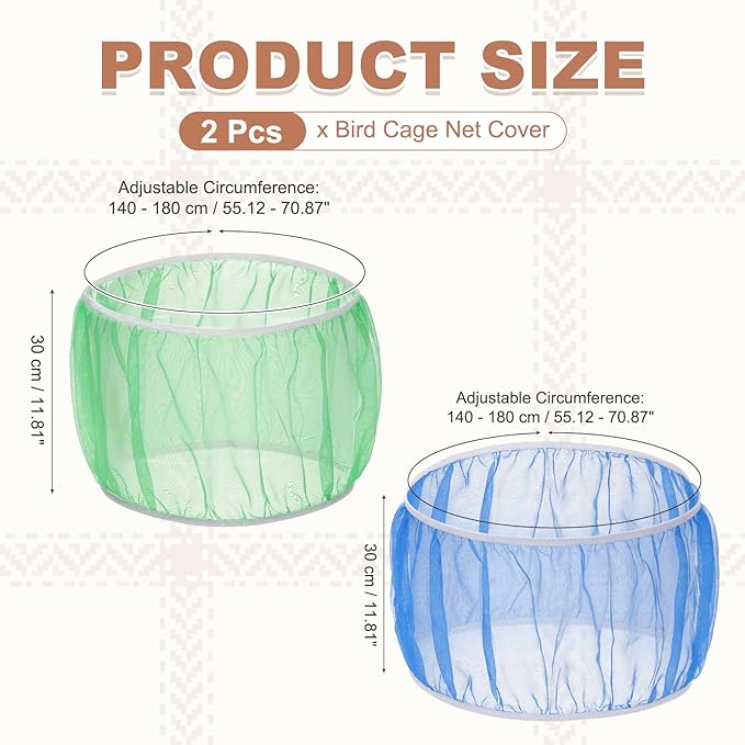 Bird Cage Seed Catcher, Bird Cage Net Cover Seeds Guard, Universal Birdcage Accessories, Blue/Green, Circumference 55.1"-70.9", Height 11.8" for Parrot Cockatiel Enclosures