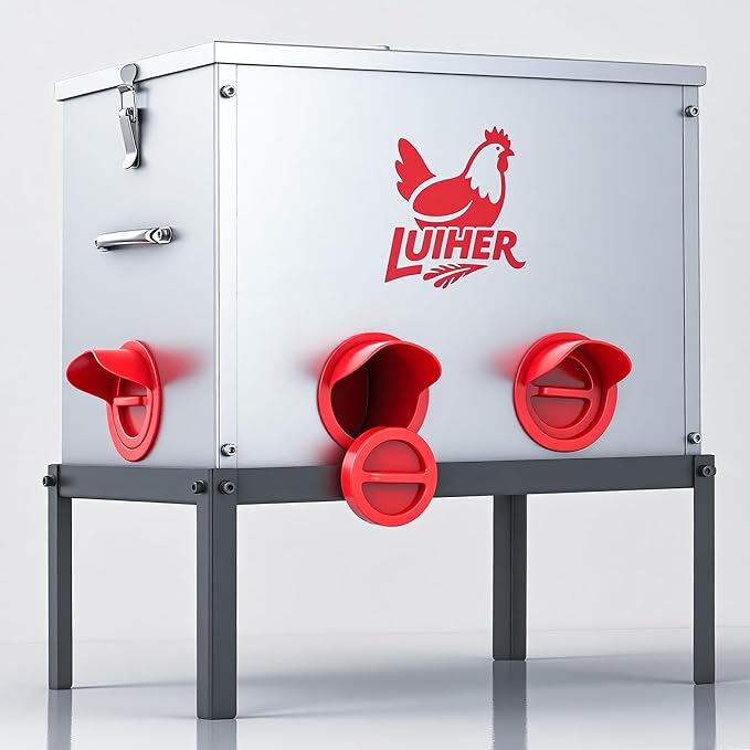 LUIHER Chicken Food Dispenser 40lb 6 Ports Large Capacity Galvanized Metal Poultry Feeder with Legs and Lids - Reduces Refilling Frequency - No Waste Chicken Feeding Equipment for Hen Coop