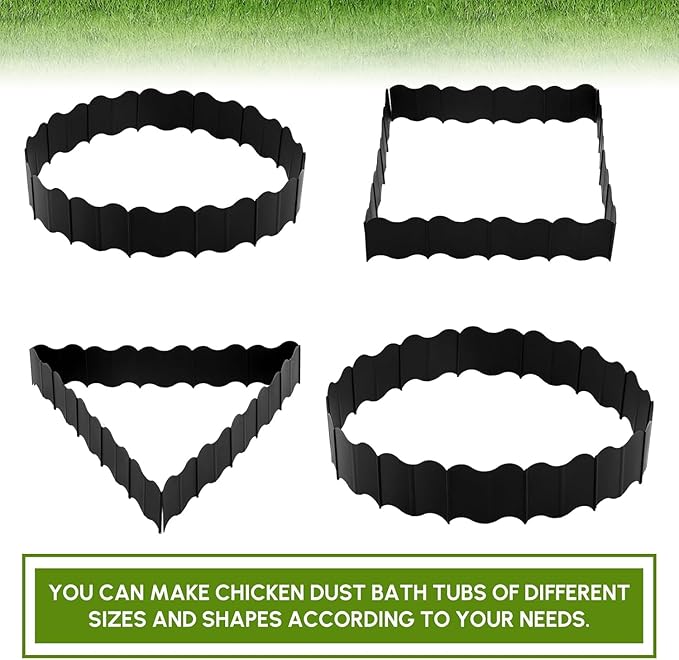 10 Ft Large Chicken Dust Bath Tub 37.5'' D * 5.5''H, Bottomless Design Round Adjustable Chicken Coop Cleaner Container Dust Bath for Essential Coop with 10 Pcs Stakes（7.85 in）, Black