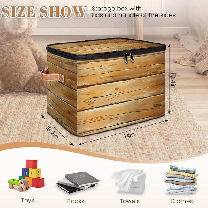 Rustic Texture Wood Storage Bins with Zipper Lid Fabric Storage Containers for Clothes Collapsible Closet Storage Basket with Metal Frame 2 Pack
