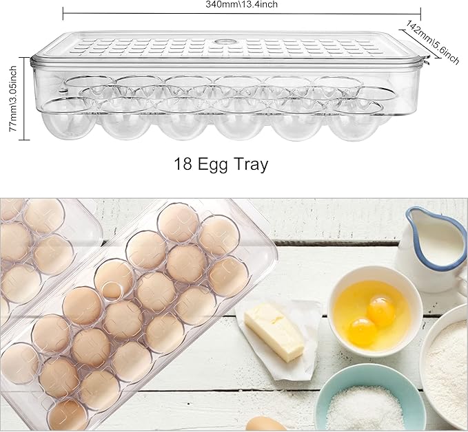 2 Pack 18 Egg Holder for Fridge - Plastic Stackable Egg Tray Holder With Lid - Egg Storage Container Organizer Bins with Air Hole and Handles for Refrigerator, Freezer, Pantry Organization - Clear