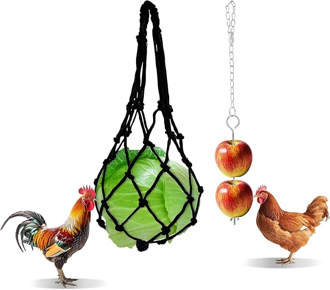 2PCS Chicken Feeding Toys Set, Chicken Hanging Feeder Toy Hanging Fruit Fork & Mesh Bag, Keeps Food Clean and Dry (A,Mesh+Fork)