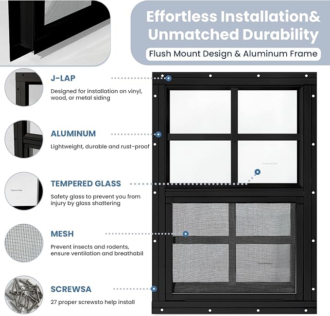 COLORPAPA 2 Pack Shed Windows,18" x 23" Flush Mount Small Window,Sliding Windows with Tempered Glass and Fiberglass Screen Shed, Chicken Coop, Playhouse, Household, Garage, Barns (Black)