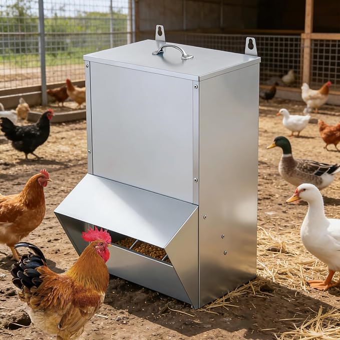 Galvanized Chicken Feeder Outdoor Poultry Feeder w/Lid Weatherproof,Easy refilling and Cleaning.NO Mess! NO Waste! (30LB Capacity)