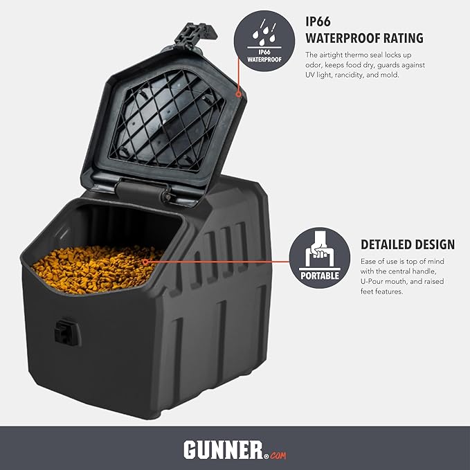 GUNNER 30 lbs Dog Food Storage Container - Waterproof & Airtight Pet Food Bin - Multi-Purpose Container for Dry Food, Corn, Chicken Feed, Treats, Bird Seed, & More - Black