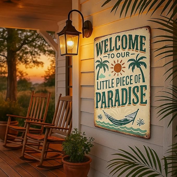 Vintage "Welcome to Our Little Piece of Paradise" Metal Wall Decor Sign - 8x12 Inch Aluminum Retro Art for Outdoor, Porch, Patio, Garden, Farmhouse, Bar, Cafe, and Home - Funny Tin Poster for Street and Garage,