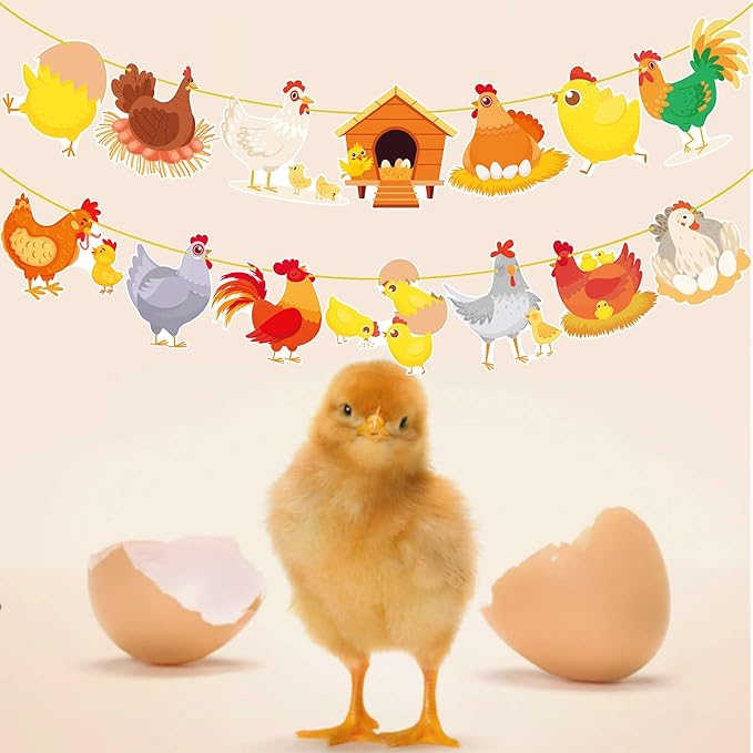 Chicken Party Banners Chicken Birthday Decorations 2PCS Farm Chicken Theme Party Supplies Chick Hen Cutout Banners for Farm Rooster Animals Baby Shower Supplies