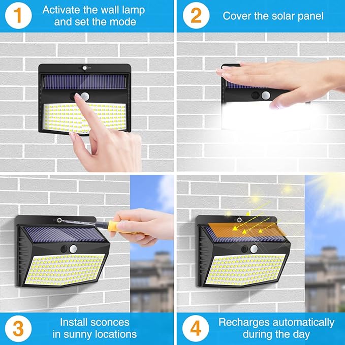 Peasur Solar Lights Outdoor, [138 LED/8 Packs] Solar Motion Sensor Security Light with 3 Lighting Modes Solar Wall Lights Waterproof Solar Powered Lights Outside for Garden Fence Yard Deck Garage