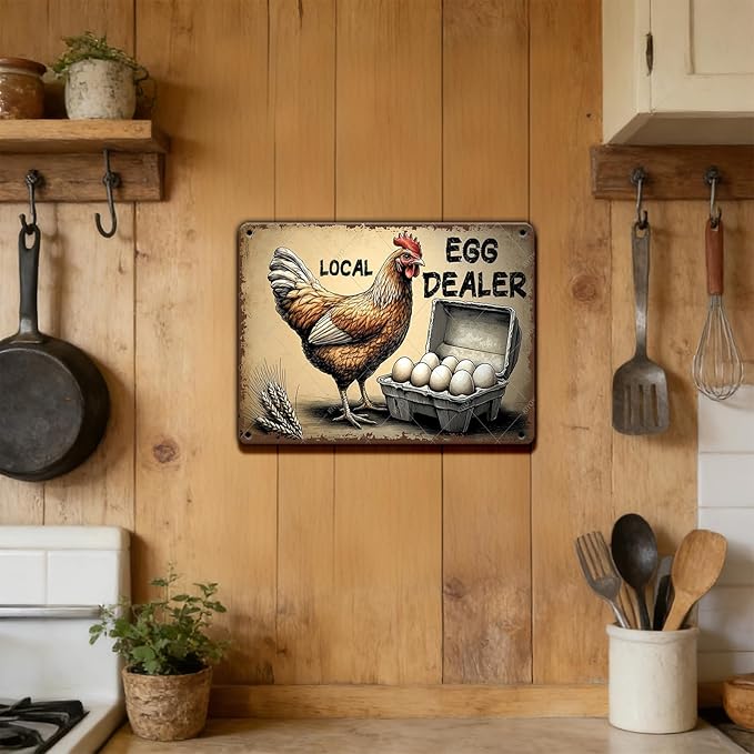 Local Egg Dealer Metal Tin Sign Funny Chicken Gifts for Home Farm Chicken Coop Farmhouse Vintage Farm Fresh Eggs Metal Wall Art Kicthen Garden Decor 16x12 Inch