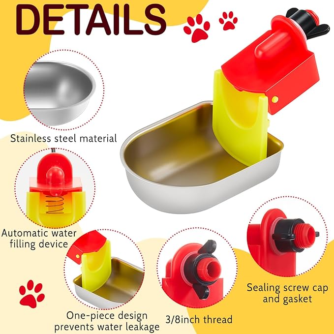 8 Pack Heavy Duty Auto Metal Chicken Waterer Cups, Stainless Steel Freeze Leak Proof Poultry Rabbit Watering System Fits 5 Gallon Bucket and 3/8'' Hole Saw