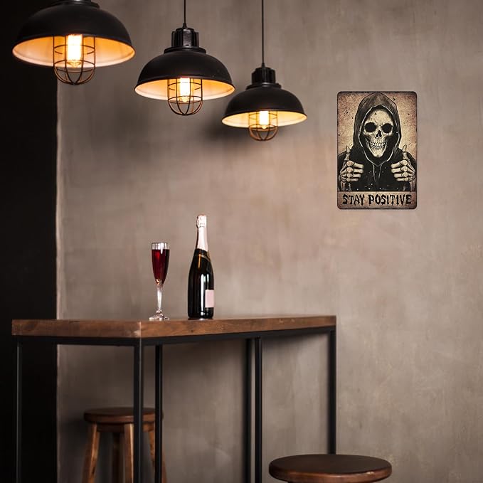 Stay Positive Metal Sign Funny Vintage Skull Grunge Goth Tin Sign For Home Backyard Man Cave Office Room Bar Cafe Club Wall Decor Hanging Painting 12 X 8 Inch