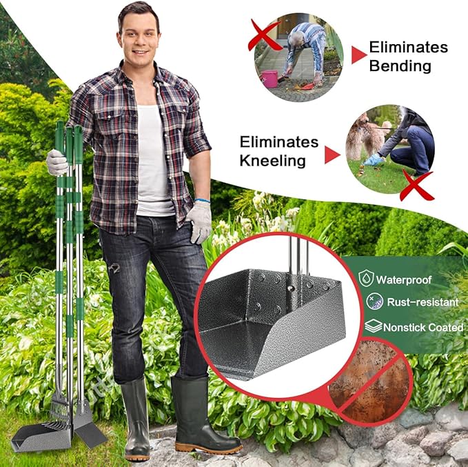 Pooper Scooper, Long Handle Dog Pooper Scooper, Heavy Duty Stainless Steel Rake with Tray & Spade Set for Pet Waste Removal, for Grass, Dirt or Gravel - Green