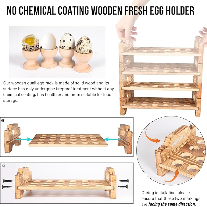 Stackable Wooden Quail Egg Holder Countertop-Expandable Storage Rack with 4 Bonus Egg Cups | Solid Wood Tray with Secure Interlocking Dowels for 48 Fresh Quail & Pigeon Eggs (Single or Multi-Tier Use)