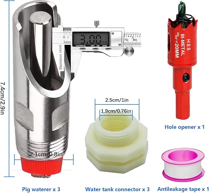 3 Pcs Pig Nipple Drinkers Kit Auto Pig Watering System Stainless Steel with 3 Pcs Plastics Water Tank Connector 1Pcs Hole Opener for Pig Goats Swine Piglets Drinking (3pcs, Plastics)