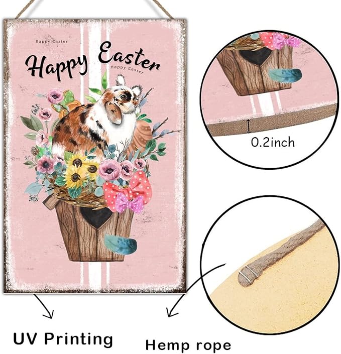 Wood Wall Art Plaque French Style Floral Pink Stripes Sign Happy Easter Flower Basket Bunny Wood Signs Wall Decor Farmhouse Spring Decor Easter Wall Art Sign for Living Room 12x18in