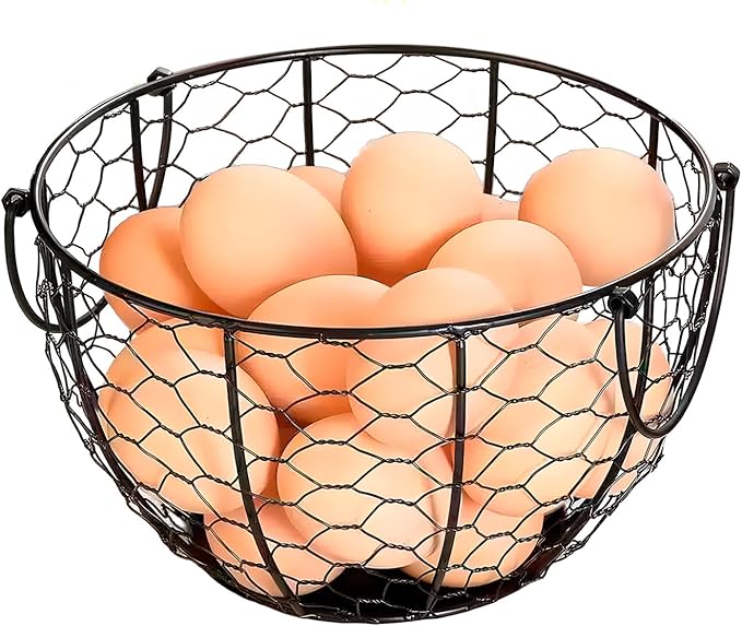 Wire Egg Basket with Handle, Farmhouse Metal Egg Holder Vintage Chicken Egg Collecting Basket Container Countertop Round Rustic Fruit Baskets