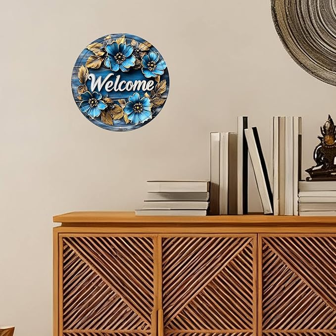 Flower Round Metal Tin Sign Wreath Welcome Floral Wreath Vintage Wall Art Decor for Home Porch Garden Decor 12x12inch