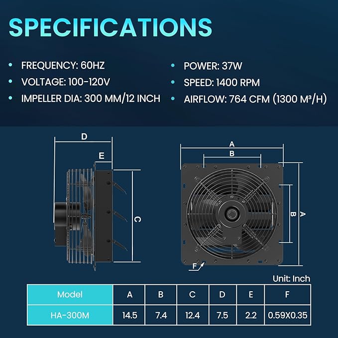 HG Power 12 Inch Shutter Exhaust Fan with Speed Controller, 764CFM High-Speed Vent Fan, 1400RPM Wall Mounted Attic Fan for Shed, Garage, Greenhouse Ventilation, Black