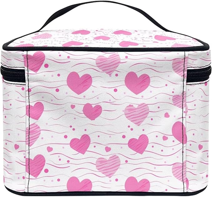 Travel Makeup Bags for Women Portable Tote Cosmetic Case with Carry Handle Toiletry Accessories Storage Organizer Bags for Valentine's Day, Heart Shapes Pink