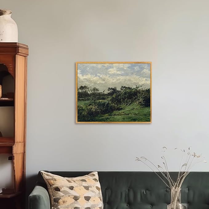 Vintage Farmhouse Poster Countryside Canvas Wall Art Rustic Scenery Picture Retro Landscape Artwork Antique Farmhouse Wall Art Green Scenery Picture Vintage Village Painting Wilderness Artwork 8x10in Framed