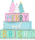 Geelin 4 Pcs Christmas Tree Table Sign Pastel Candy Color Wooden Decorations Xmas Tree Tiered Tray Decor Christmas Centerpieces Pastel Wooden Block Set Xmas Table Sign for Home