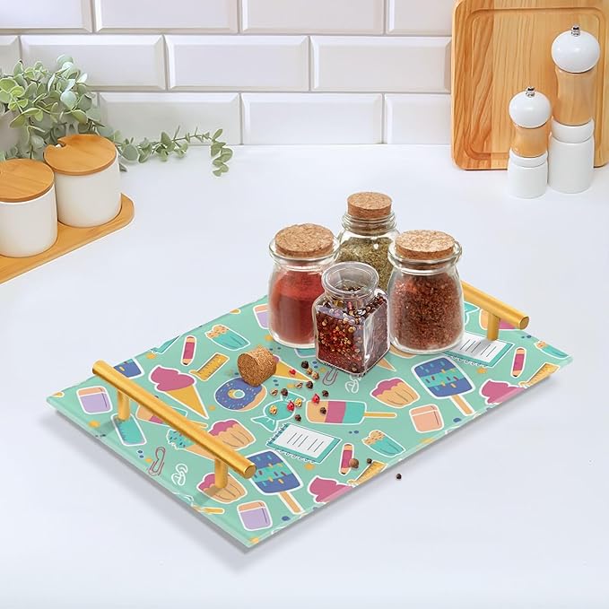 Bathroom Vanity Tray Counter Organizer, Stationery and Sweets Pattern Decorative Tray with Handles Countertop Storage for Bathroom Bedroom Kitchen Home Farmhouse