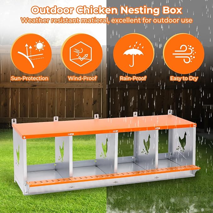 Chicken Nesting Box, 4 Compartment Metal Nesting Boxes for Chickens, Wall Mountable Chicken Laying Boxes, Easy Egg Collection, with Nesting Pads, Indoor & Outdoor Use, 42.5" L x 17" W x 15" H