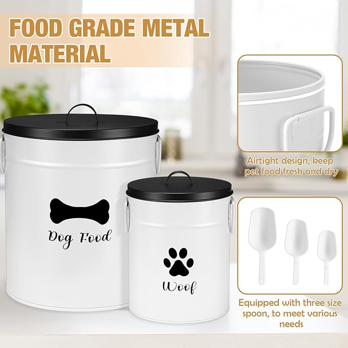 Extra Large 23+10 lbs Metal Dog Food Storage Containers Set of 2 Airtight Dog Treat Snack Jars with Lids and Spoon Farm House Style Big Pet Cookie Jar for Kitchen Counter Gift