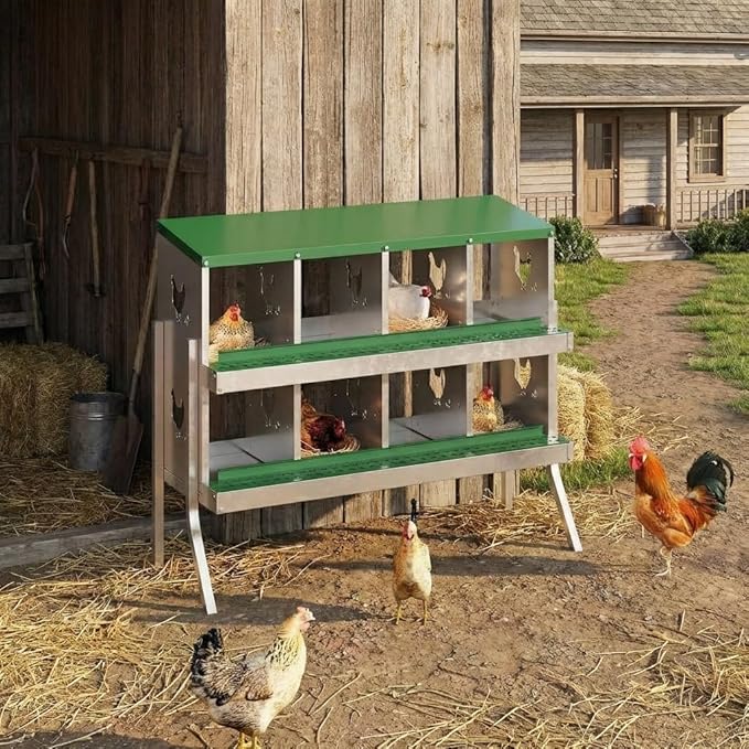 GarveeLife 8 Compartment Chicken Nesting Box with Metal Legs, Nesting Boxes for Chickens, Metal Chicken Laying Boxes with Perch, Secure Lid, Versatile Wall Mount or Free Standing for Hens, Green