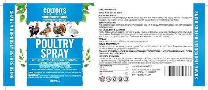 Colton’s Naturals Poultry Spray 32 oz – for Chickens – Helps with Mites, Lice, Fleas & Scaly Leg – Safe for Coops, Birds & Backyard Poultry
