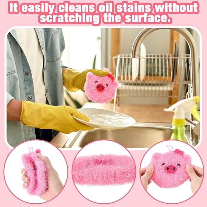 6 Piecs Cute Pig Shape Dish Sponge Dual Sided Non Scratch Pig Dish Washing Scrubbers, Reusable Household Cleaning Kitchen Tools for Dishwashing Washing Dishes Cookware