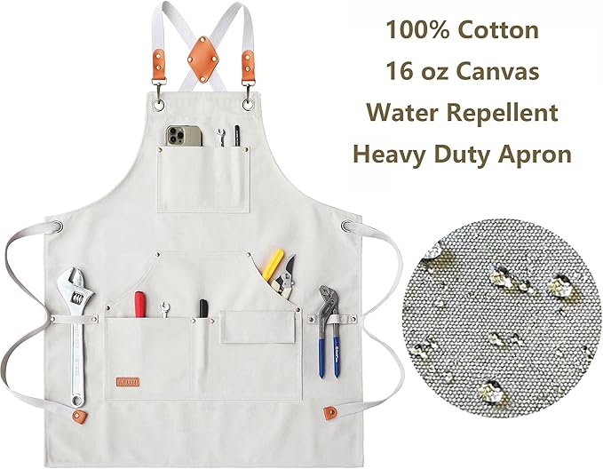 AFUN Work Aprons for Men with Large Pockets, Cotton Canvas Cross Back Heavy Duty Adjustable Tool Apron, Size M to XXL (Beige)