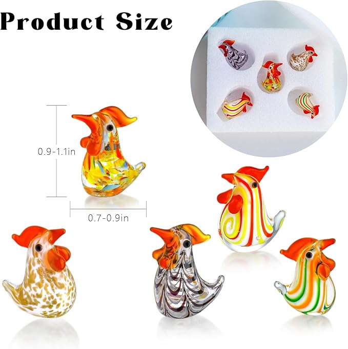 H&D HYALINE & DORA Set of 5 Blown Glass Rooster Figurines - Mini Collectible Art Glass Ornament Gift for Home Desktop Decor