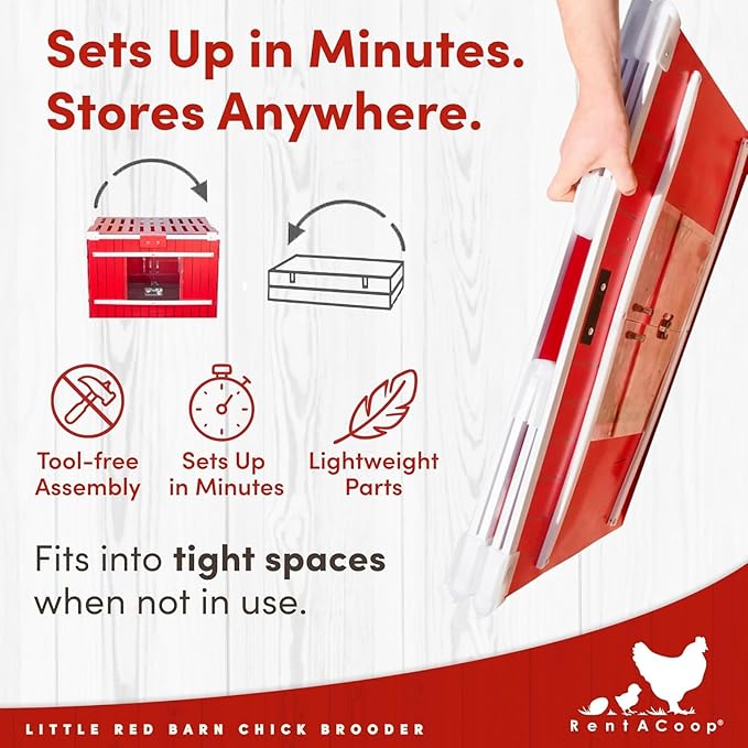 RentACoop Little Red Barn Chick Brooder | Durable, Lightweight, Easy-Clean, Multipurpose | with Absorbent Hatchling Liners, Jute Liners, LED Light, Security Latch