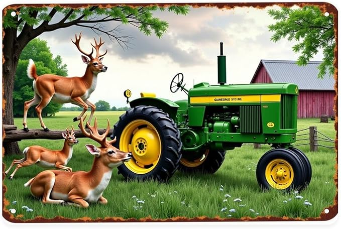 Deer Tractor Farmhouse Tin Sign Vintage Deer And Tractor Metal Sign Print Aesthetic for Garden Yard Bar Porch Home Bedroom Kitchen Wall Decor Gift 8 X 12 in
